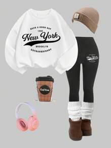SHEIN Set de 2 piezas de sudadera con estampado de letras y pantalones con gráfico de dibujos animados para niñas, estilo minimalista casual, apto para otoño/invierno