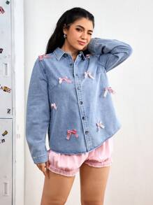 SHEIN EZwear 女式秋季时尚蝴蝶结装饰牛仔衬衫