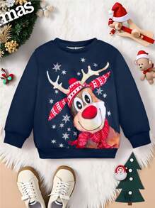 Young Boys Crewneck Sweatshirt, Funny Christmas Deer Print Family Matching Outfit, With Hood, Antlers, Scarf, Gift Box, Star, "MERRY CHRISTMAS" - Blue - View 1