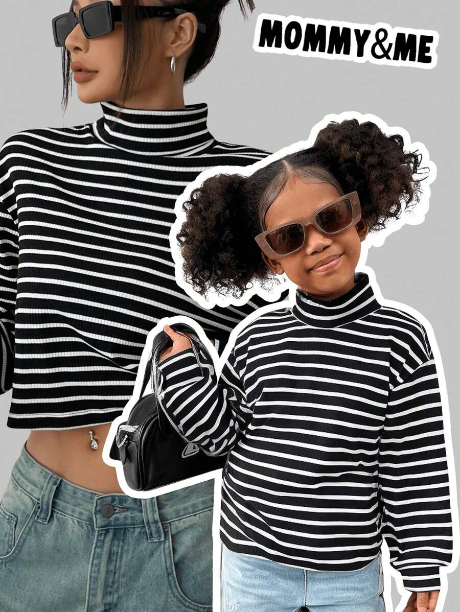 SHEIN Young Girl Striped Stand Collar Loose Casual T-Shirt