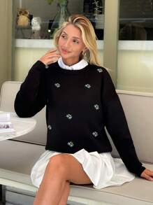 RueChic Women Flower Embroidery Round Neck Drop Shoulder Pullover - Black - View 2