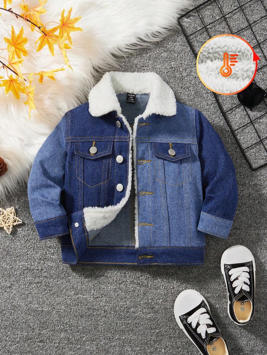 SHEIN 男婴休闲柔软可爱配色仿旧洗水蓝色牛仔保暖内衬泰迪夹克，适合男婴秋冬装