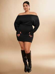 SHEIN BAE Plus Size Women Black Batwing Sleeve Long Sleeve Mini Dress, Short Dress, Plus Dress, Holiday Outfit For Women, Formal, Going Out, Night Out, Valentine's Day, Batwing Sleeves, Loose Fit, Hip, Comfortable, Tight Fit, Sexy Party Dress, Elegant Women Dresses, Fall, Winter, Girls, Off Shoulder Sweater Dress, Western Wear For Women, Holiday Party Women Outfit, Summer Women Outfit, Thermal Women - Black - View 3
