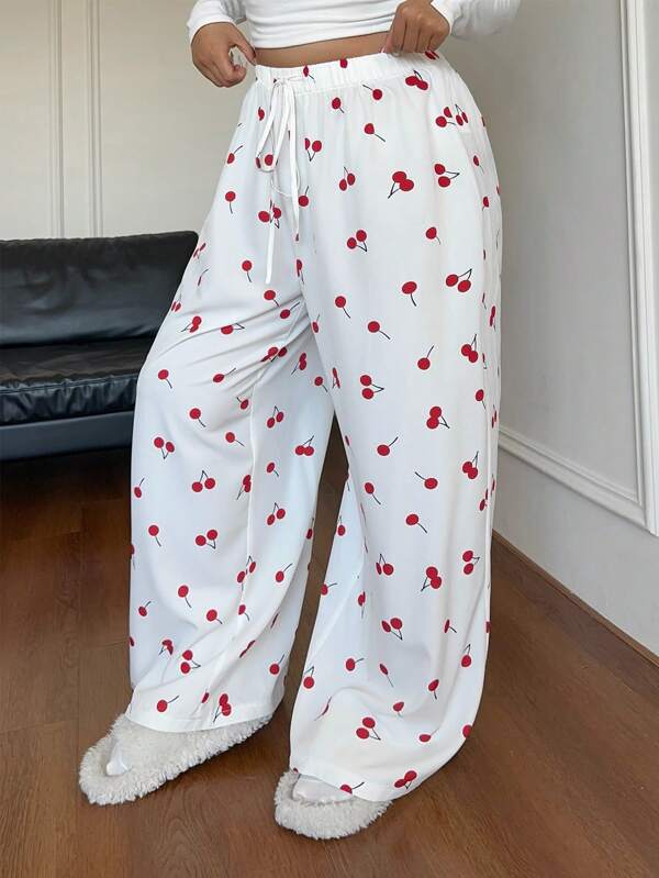 POPSWAY Pantalon droit ample à taille resserrée par cordon de serrage, imprimé cerises, tailles plus pour femmes