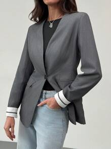 Aloruh Women Front Button Long Sleeve Pocket Simple Blazer, Casual For Daily Wear