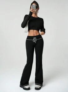 SHEIN ICON Quần nỉ thể thao rút dây màu cạp thấp Y2K dành cho nữ, tối giản và thời trang để mặc hàng ngày - màu đen - Xem 4