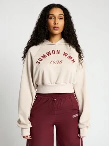 SUMWON WOMEN Premium Cropped 1996 Varsity Hoodie Retro Athleisure Sweatshirt Winter Workout Activewear Casual Athletic Fall Spring