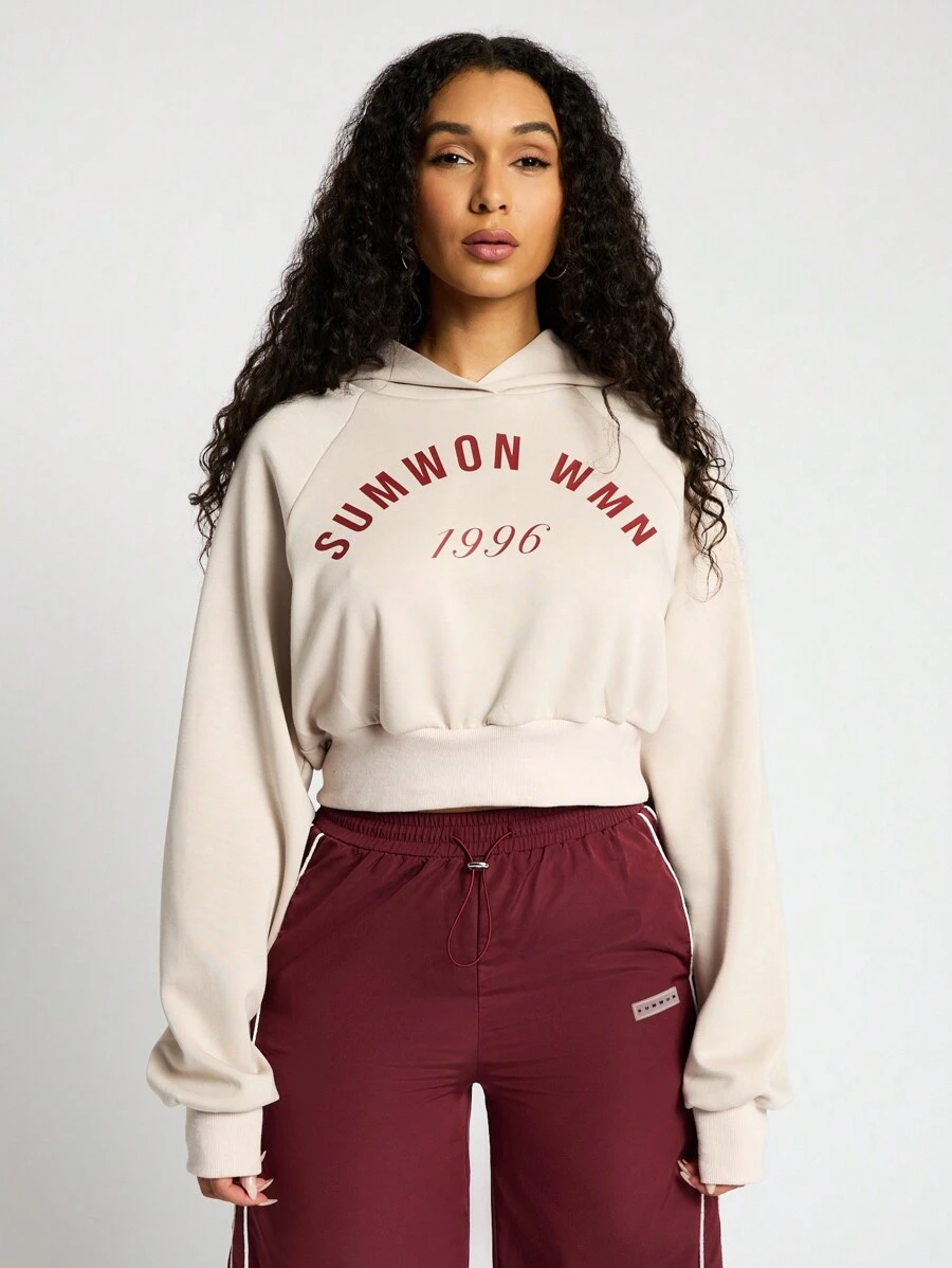 SUMWON WOMEN Premium Cropped 1996 Varsity Hoodie Retro Athleisure Sweatshirt Winter Workout Activewear Casual Athletic Fall Spring