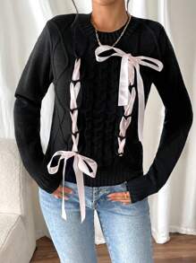SHEIN Unity Cable Knit Twisted Long Sleeve Tie Front Sweater Knit Pullover Fall Winter - Black - View 4