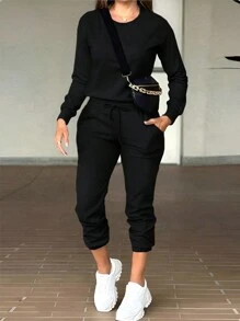 INAWLY 2pcs/Set Casual Round Neck Long Sleeve Top And Pants Suit, Autumn/Winter