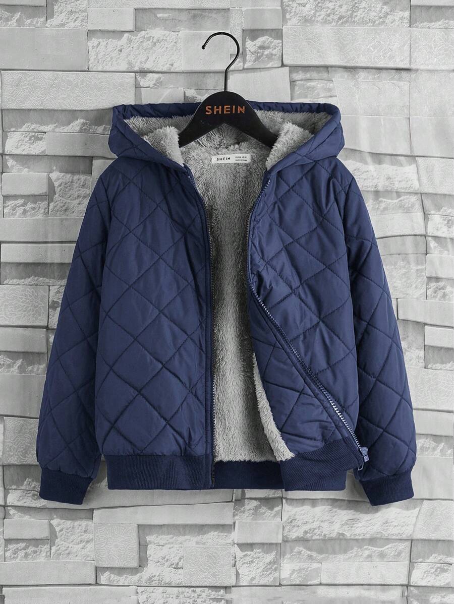 SHEIN Leap Crew 1pc Young Boys' Casual College-Style Hooded Padded Coat, Soft, Practical, Versatile, Suitable For Daily Wear, School, Outings, Sports In Autumn/Winter Boy Jackets Autumn Winter - Navy Blue - View 1