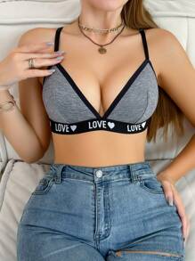SHEIN 女士简约撞色边饰字母装饰文胸 - 灰色 - 查看 1