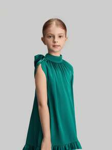 Maija Kids Maija Kids 青少年女孩宽松休闲蝴蝶结装饰荷叶边下摆连衣裙 - 綠色 - 查看 3