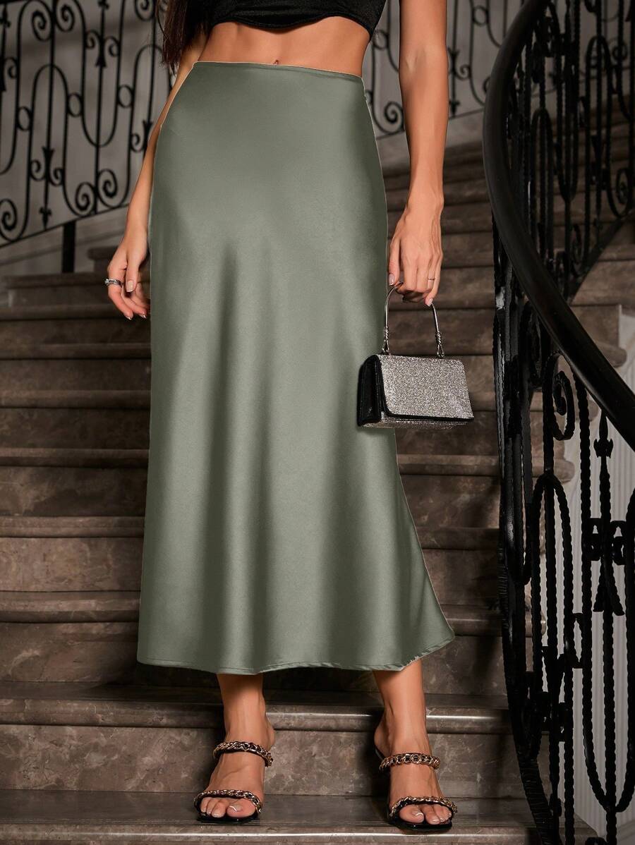 Allurite 女士纯色美人鱼款半身裙，缎面面料，优雅中长裙，适合女士派对、日常穿着、春夏穿着 - 綠色 - 查看 1