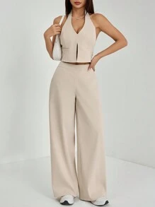SHEIN PETITE Spring/Summer Office Lady V-Neck Sleeveless Top With Open Back & Wide Leg Pants, Slimming And Lengthening Outfit For Streetwear