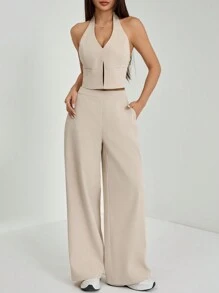 SHEIN PETITE Spring/Summer Office Lady V-Neck Sleeveless Top With Open Back & Wide Leg Pants, Slimming And Lengthening Outfit For Streetwear