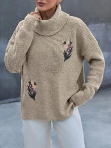 SHEIN Femmes Pull épais à col roulé avec détails brodés, épaules tombantes, couleur unie