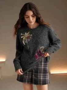 Anewsta 高级亮片刺绣棕榈树套头毛衣针织衫秋冬款 - 深灰色 - 查看 6