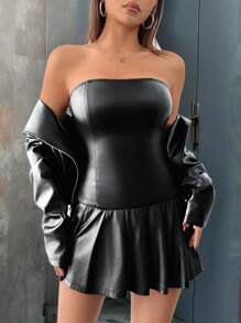 SHEIN PETITE Tube Top, Waisted, Pleated A-Line Dress, College Style PU Leather, Suitable For Parties, Suitable For Dates, Suitable For Autumn And Winter As Inner Wear - Black - View 7