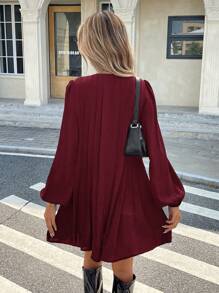 Serisse Women's Elegant Burgundy Autumn Pleated Dress,Basic Striped Brunch Outfit,Casual Holiday Resort & Valentine's Day Christmas Winter New Year Costume - Burgundy - View 2