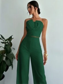 Firerie 女士优雅设计不对称修身抹胸和高腰仿骨直筒裤套装 - 墨綠色 - 查看 8