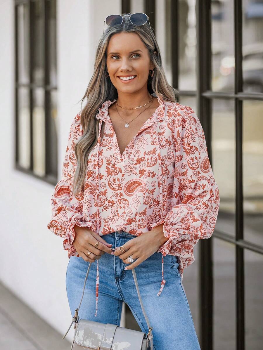 SHEIN LUNE 女士印花橙色休闲长袖衬衫 - 橘色 - 查看 1