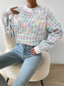 Chiquease 女士纯色拼接圆领长袖休闲套头毛衣针织衫秋冬款