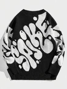 ROMWE MEN Street Life Men Letter Pattern Drop Shoulder Pullover Sweater - Black - View 2