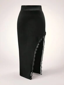 SHEIN Unity Plus Size Solid Color Lace Patchwork High Slit Elegant Skirt Maxi Fall Cloth For Women - Black - View 1
