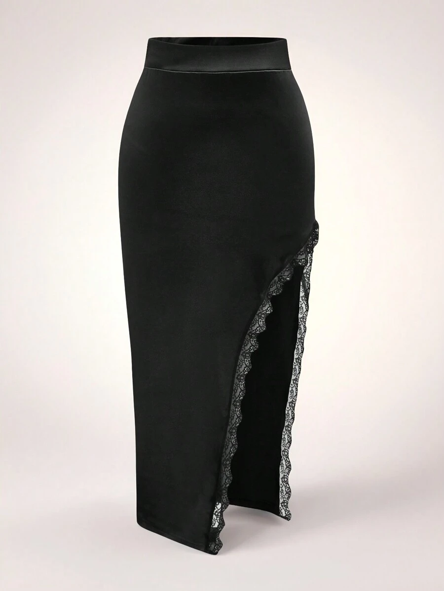 SHEIN Unity Plus Size Solid Color Lace Patchwork High Slit Elegant Skirt Maxi Fall Cloth For Women - Black - View 1