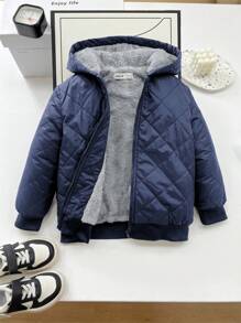 SHEIN Leap Crew 1pc Young Boys' Casual College-Style Hooded Padded Coat, Soft, Practical, Versatile, Suitable For Daily Wear, School, Outings, Sports In Autumn/Winter Boy Jackets Autumn Winter - Navy Blue - View 5