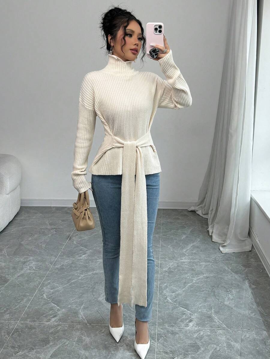 Elenzga 经典收腰纯色套头毛衣，休闲时尚，日常穿着 - 米色 - 查看 1