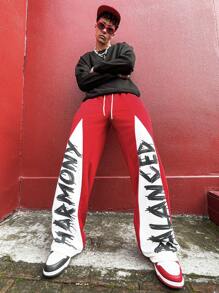 PAVTROS 男士休闲街头时尚字母图案印花双色抽绳腰宽松阔腿运动裤，外出长款街头穿搭宽松拼色运动裤，送给老公、男朋友的礼物 - 紅色 - 查看 6