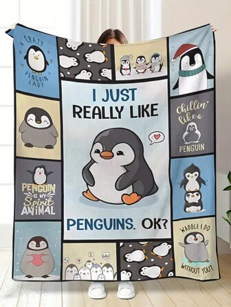 1pc Cartoon Penguin Flannel Blanket, Plush Throw Blanket, Suitable For All Seasons, Great For Sofa, Bedroom, Office, Travel, Camping, Bedding, Ideal Gift For Loved Ones And Friends,Fall Decor,Autumn Decor,Room Decor