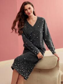 MOTF PREMIUM FAUX PEARL BEADED V NECK SWEATER - Grey - View 2