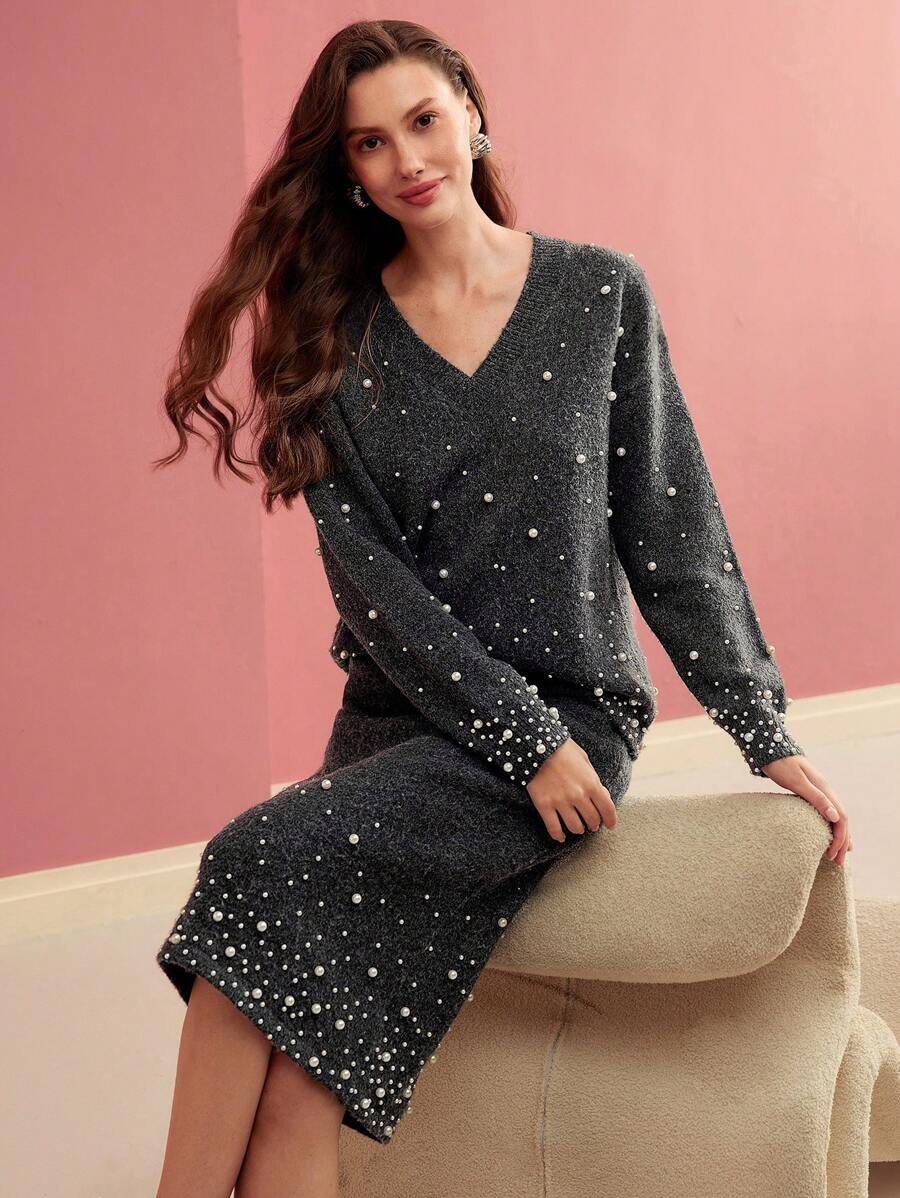 MOTF PREMIUM FAUX PEARL BEADED V NECK SWEATER