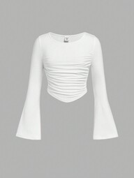 SHEIN Girlism Koszulka dla dziewcząt w wieku szkolnym z okrągłym dekoltem i falbaną, z rozszerzanymi rękawami i długim rękawem