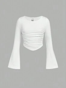 SHEIN Girlism Tween Girls Slim Fit Casual Crew Neck Ruffle Flare Sleeve Long Sleeve T-Shirt