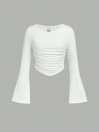 SHEIN Girlism Tween Girls Slim Fit Casual Crew Neck Ruffle Flare Sleeve Long Sleeve T-Shirt