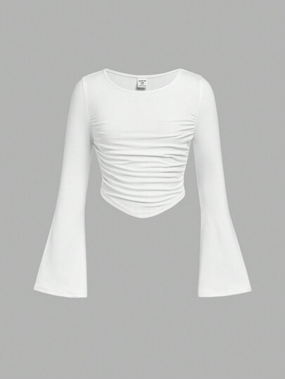 SHEIN Girlism Camiseta de manga larga con cuello redondo y volantes en las mangas para niñas preadolescentes, de corte esbelta y casual