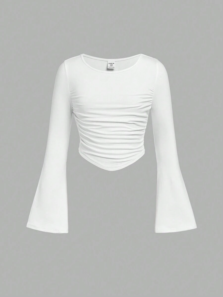 SHEIN Girlism Tween Girls Slim Fit Casual Crew Neck Ruffle Flare Sleeve Long Sleeve T-Shirt