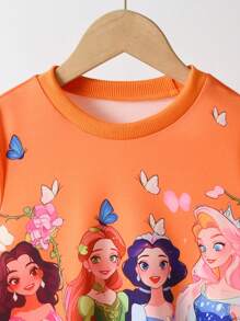 2pcs/Set Young Girl Rose Red Cute Story Style Princess Cartoon Character & Butterfly Print Pullover Hoodie And Pants Set, Autumn/Winter New, Suitable For Layering, Outerwear, Innerwear And Indoor Wear, Fashionable For Little Young Girl