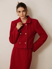 Zanirela 2 件女士优雅高端淑女双排扣金属纽扣短款长袖夹克和长喇叭裙套装，情人节春季假期派对服装 - 紅色 - 查看 1