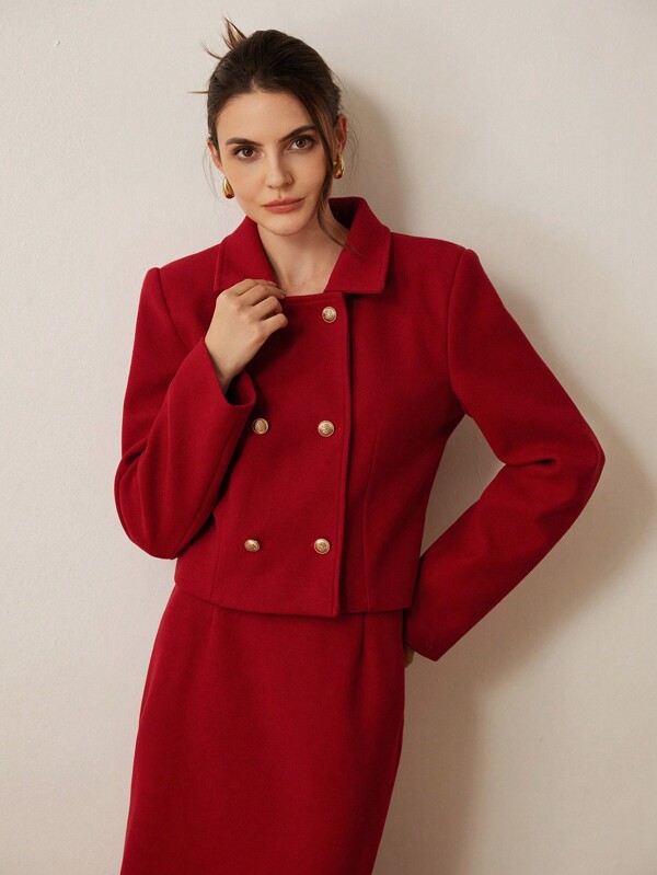 Aveloria Rosie 2pcs Women's Elegant High-End Lady-Like Double-Breasted Metal Buttons Cropped Long-Sleeve Jacket And Long Flared Skirt Set, Valentine Day Spring Holiday Party Clothes 