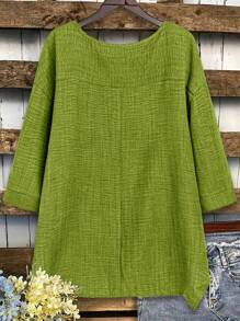 Plus Size Solid Color Round Neck Casual Long Sleeve Shirt