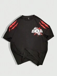 ROMWE MEN Anime Áo thun nam tay ngắn cổ tròn in họa tiết đồ họa đơn giản, năng động - màu đen - Xem 2