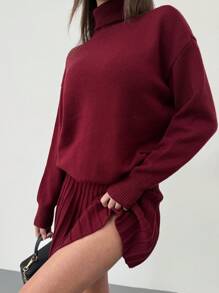 Aloruh 2pcs Women's Set: Wine Red Pleated Skirt + Turtleneck Loose Elegant Sweater For Christmas, New Year, New Year's Eve, Fall And Winter, Elegant,Burgundy