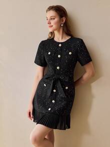 MOTF PREMIUM 粗花呢纽扣前褶下摆连衣裙