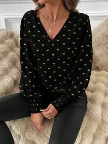 SHEIN Clasi Women's V-Neck Long Sleeve Butterfly Print Blouse, Casual Everyday Wear Glittery Dress