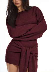 MUSERA Heavy Knit Tie Front Sweater Dress For Spring Casual Cute 90's Sun Holiday Evening Party Elegant Winter - Burgundy - View 5